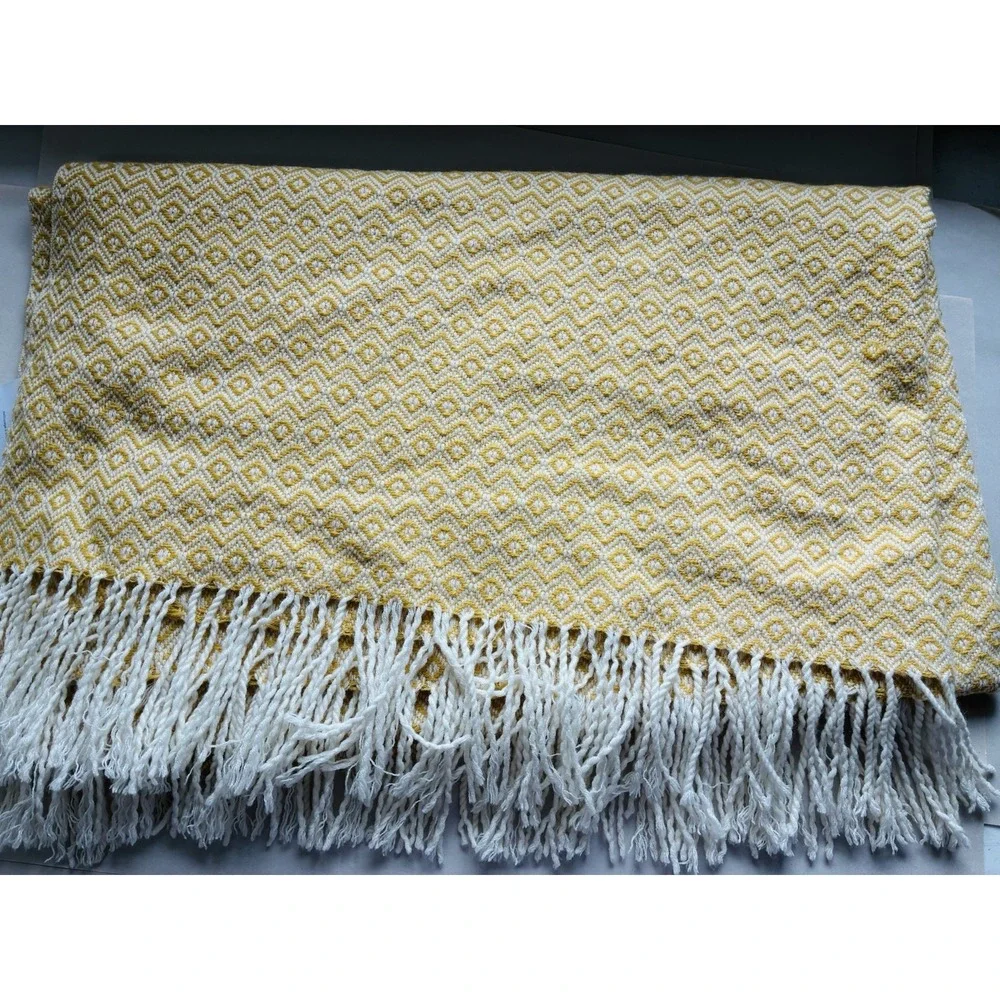 WEST ELM 44x56 Throw BLANKET Herringbone Yellow Boho With Tassels Comfort
